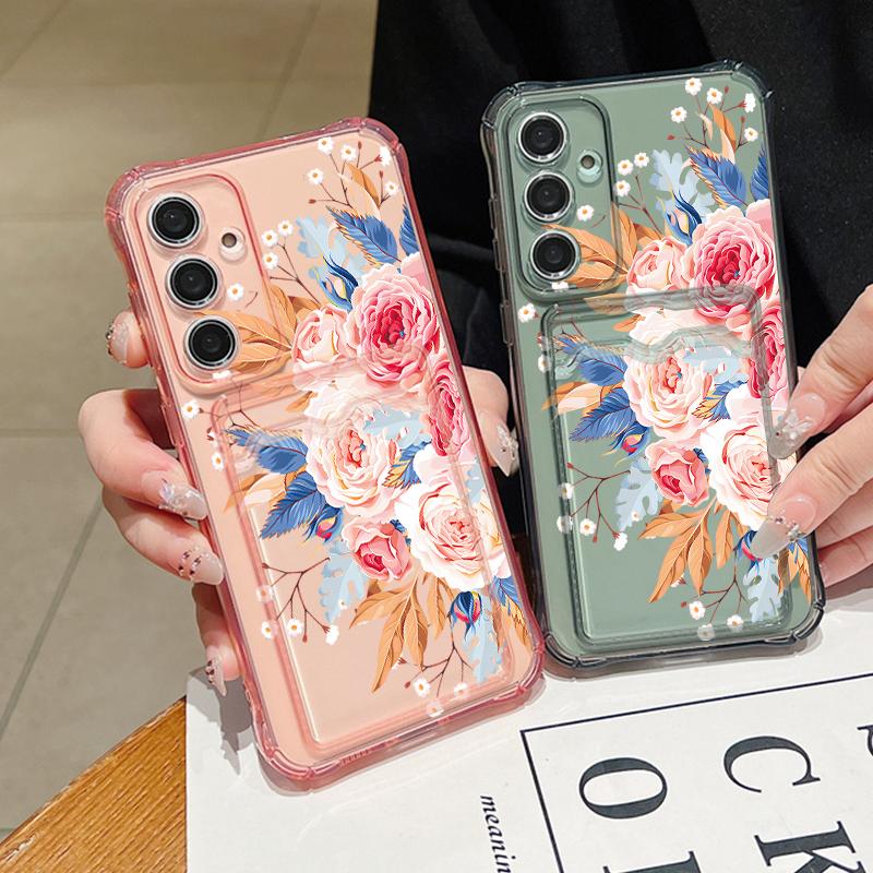 Husă transparentă cu suport pentru card, cu flori, din silicon moale, pentru telefon Samsung S25 S24 S22 Ultra S23 S21 S20 Fe A55 A54 A53 A35 A16 A15, husă de protecție împotriva șocurilor pentru lentilă