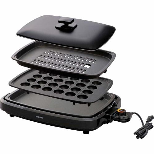 Iris Ohyama Hot Plate, Smoke-resistant, Large Yakiniku Plate, Flat Plate, Takoyaki Plate, 3 Pieces, Smoke Reduction, with Lid, Black APA-137-B