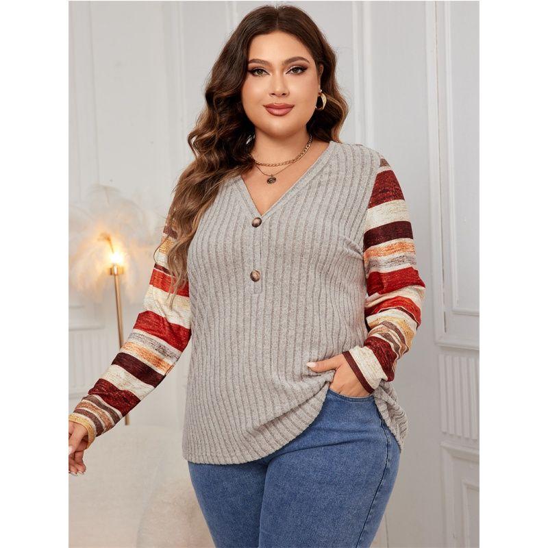 

XL-4XL Women Blouse plus Ladies Tops V-neck Stripe Patchwork Fall/Winter Shirts Top Gray 4XL
