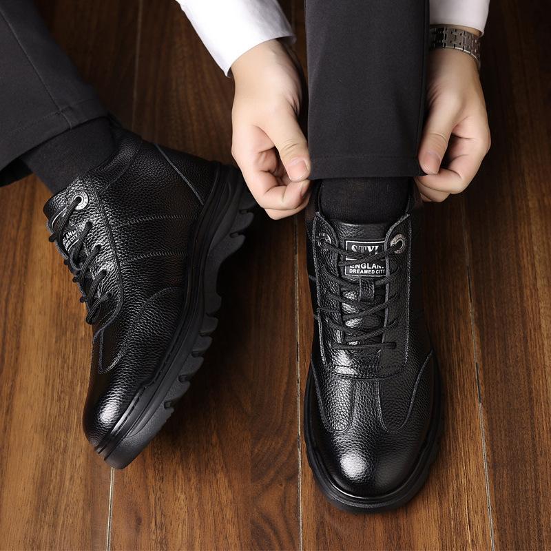 

Mens soft elastic winter warm winter cold leather waterproof padded snow boots thick bottom non-slip wear outdoor leisure sports running cotton boots 44