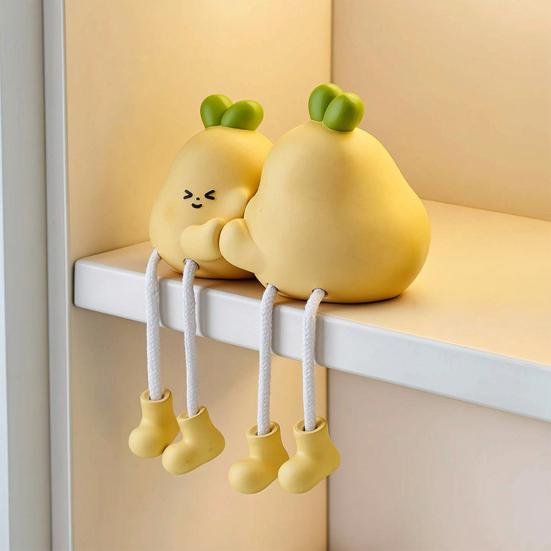 2 Pcs Cartoon Shelf Legs Funny Resin Sitter with Dangling Persimmon/Cat/Pear Figurine