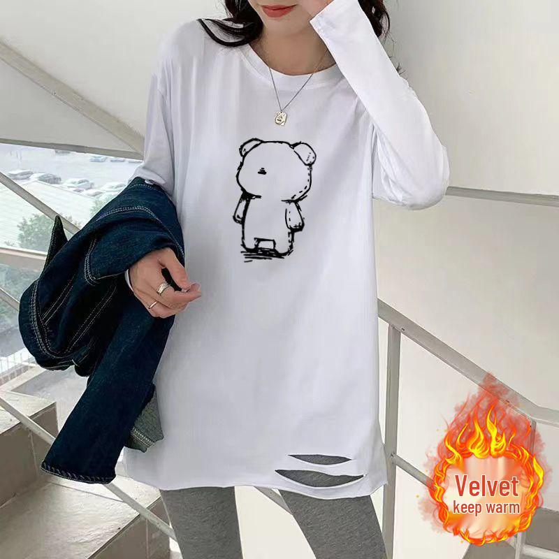 Damen Übergröße Baumwoll-T-Shirt mit Rissen und langen Ärmeln – Mittellang, Vielseitig, Weiß, Frühlings- und Herbststil