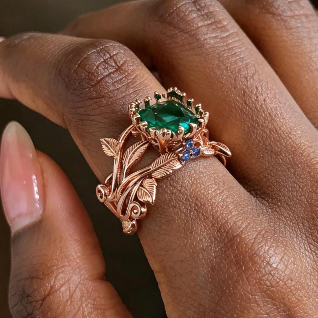 Rose Gold Emerald Leaf Hollow Ring – Light Luxury Women's Jewelry