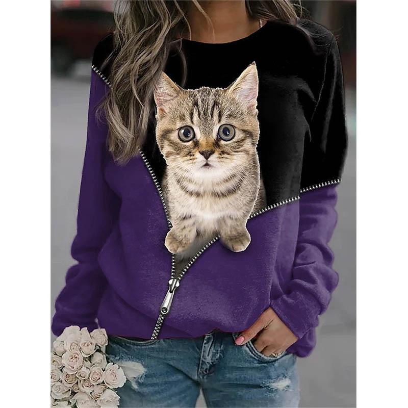 Kawaii Animal Cute Cat Floral 3D Print Sweatshirts Women Streetwear Oversized Pullovers Tops Woman Clothing