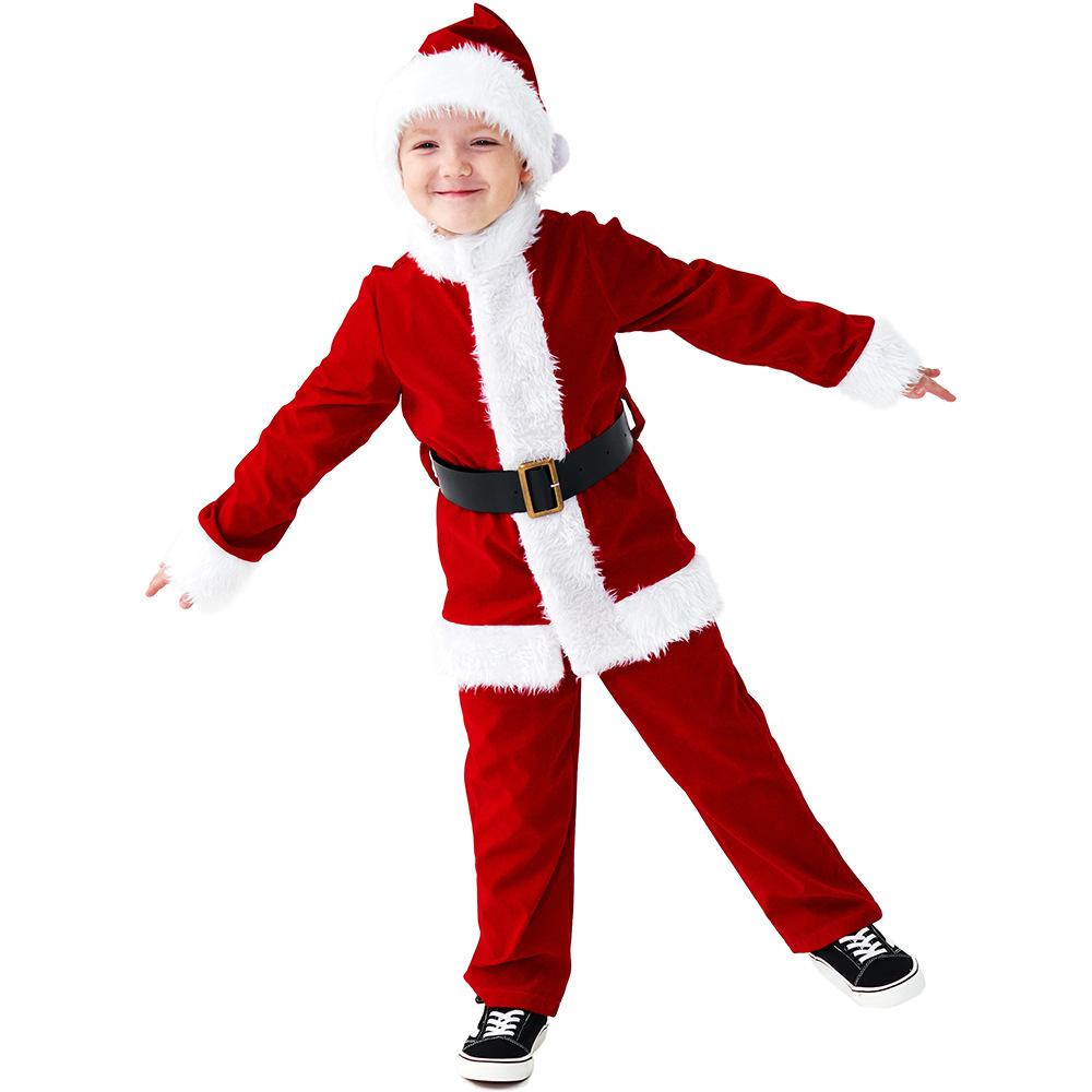 Dětské chlapecké sady Santa Claus Vánoční červená čepice pásek bunda top kalhoty dětské vánoční novoroční cosplay kostýmy předškolní vystoupení role play outfit