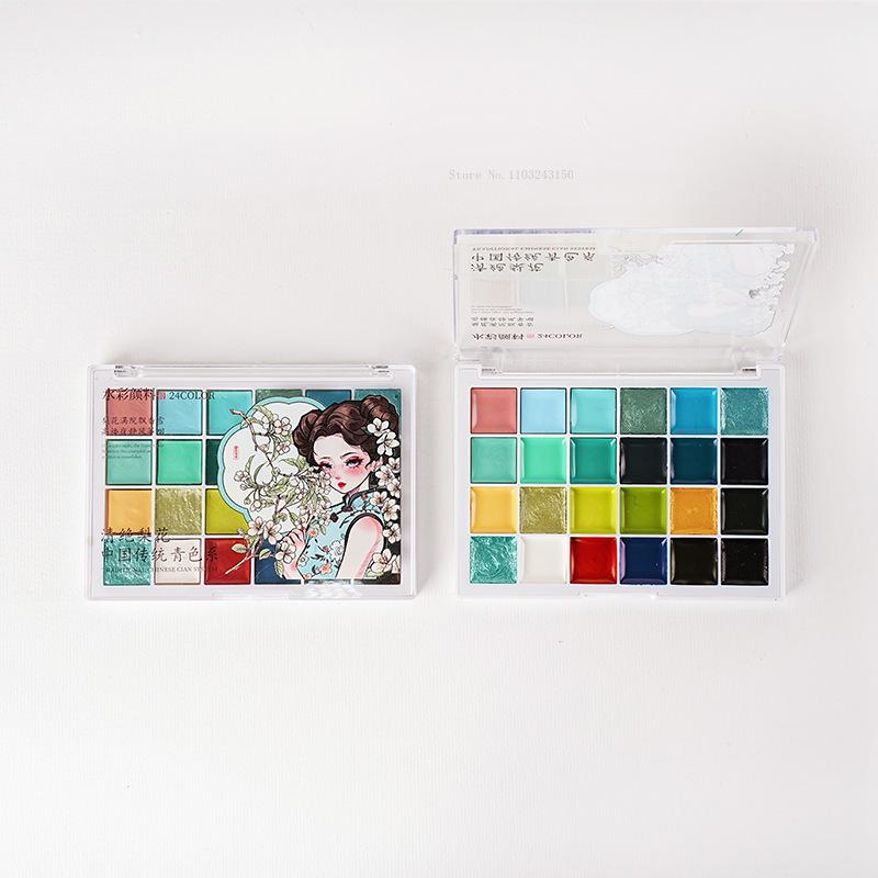 24-Farben Nationaler Stil Festes Aquarellpigment-Set Künstlerbedarf für Anfänger Handgezeichnete Illustration Kreation Aquarellfarbe