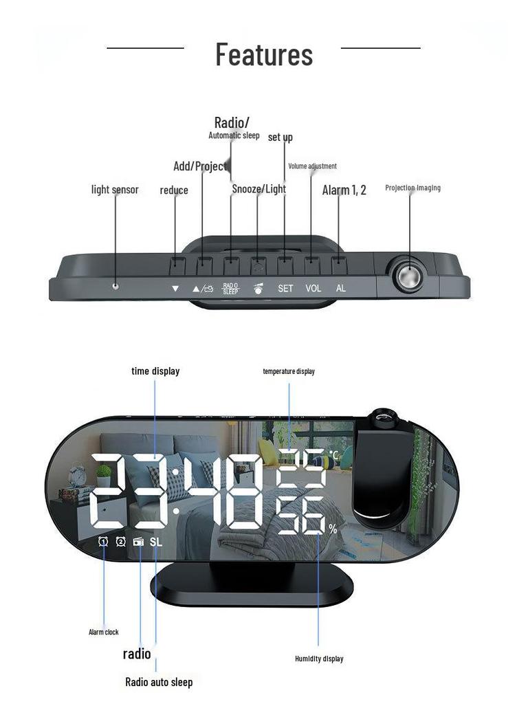 2022 LED Projection Alarm Clock with Temperature, Humidity Display, and Automatic Light Sensor