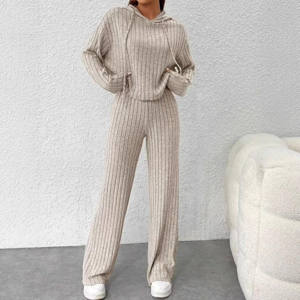 Herbst- und Winter-Freizeit-Strickset mit langen Ärmeln, Damen-Kapuzensweatshirt, lockere Hose zweiteiliges Set