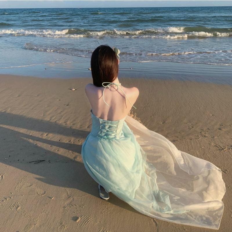 Summer Sense Seaside Photo Vacation Dress Mint Mambo Dopamine Wear Fairy Suspender Long Dress Girl
