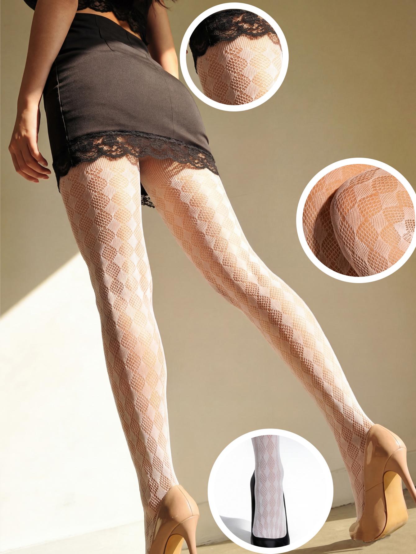 

2 Pair Pack Diamond Pattern Fishnet Tights Set, Sheer Stretchy Pantyhose, Sexy Hollow-Out Stockings One Size
