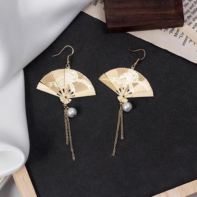925 Silver Carved Fan Earrings with Pearls and Tassels - Hanfu Inspired Retro Style