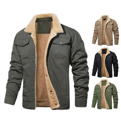 Men Cotton Jacket Lapel Long Sleeve Buttons Closure Thickened Velvet Lining Coat Solid Color Two Side Pockets Winter Outerwear
