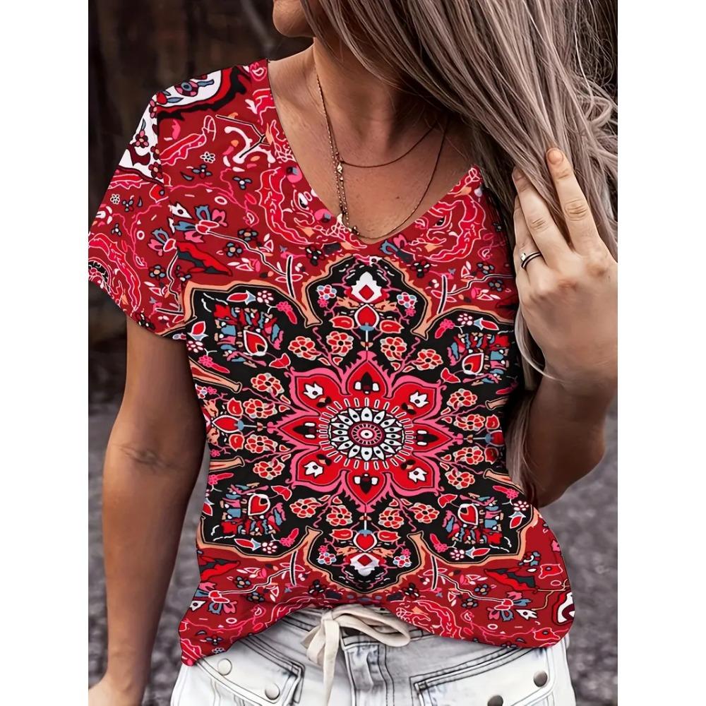 Fashion Women's V-neck T-shirt Summer Outdoor Street Trend Short-sleeved Blouse Floral Print Pattern Loose Clothing