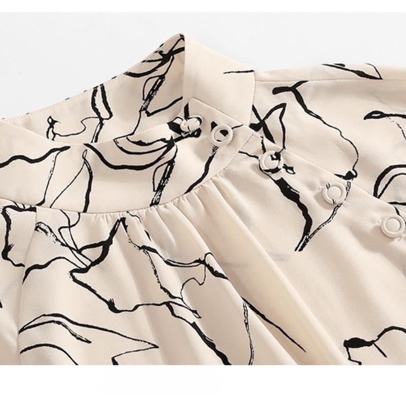 Moda Stand Slim Fit Chifón Casual Camisas de Mujer Tops de Primavera Manga Acampanada Blusa Temperamento Mujer Elegante Estampado Simple Oficina Señoras Camisas 26347