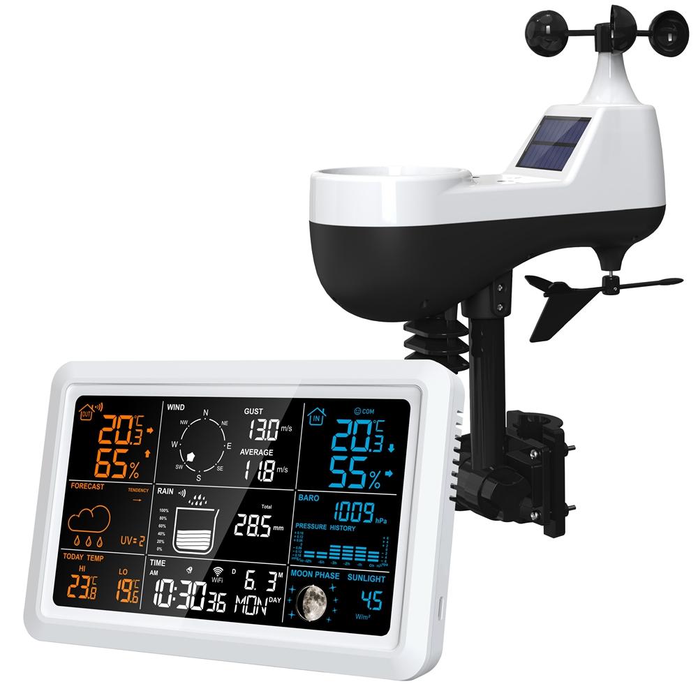 

Tuya Wireless Weather Station Auto Alarm Clock Calendar Thermo-Hygro UV Sunlight Wind Rainfall Gauge Solar Panel Forecast Sensor белый