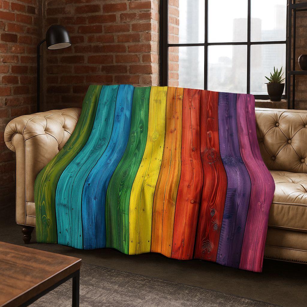 Regenboog Retro Houten Bord Zwart Bruin Houtnerf Flanellen Deken, Gezellige Zachte Plaid voor Huis Slaapkamer Bed Bankhoes Cadeau