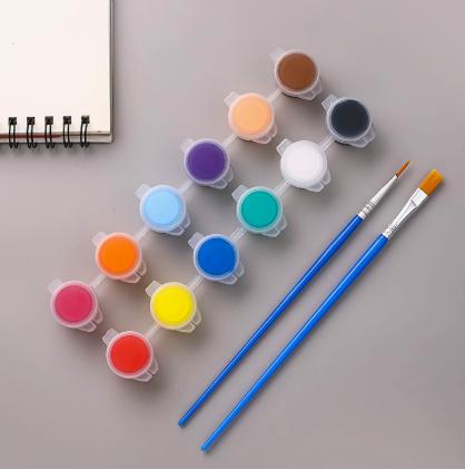 12 Small Paint Pots with 3ml Capacity Each and 2 Different Sized Paint Brushes for Art and Craft Projects Suitable for Various Surfaces