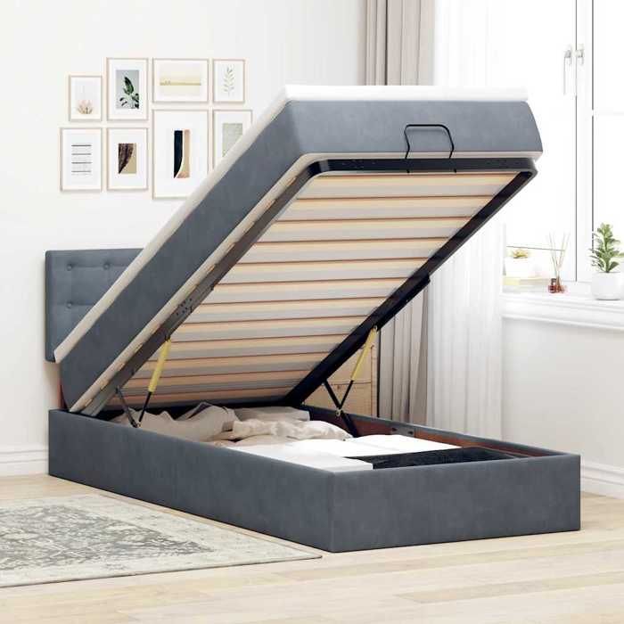 Exclusive House - Ottoman Bed Frame with Dark Grey Mattress 100x200 Cm Velvet