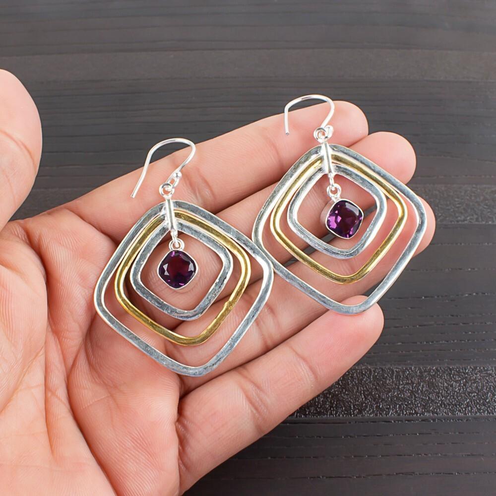 Amethyst Gemstone 925 Sterling Silver Handmade Jewelry Dangle Earrings 2.44" EE-70-8