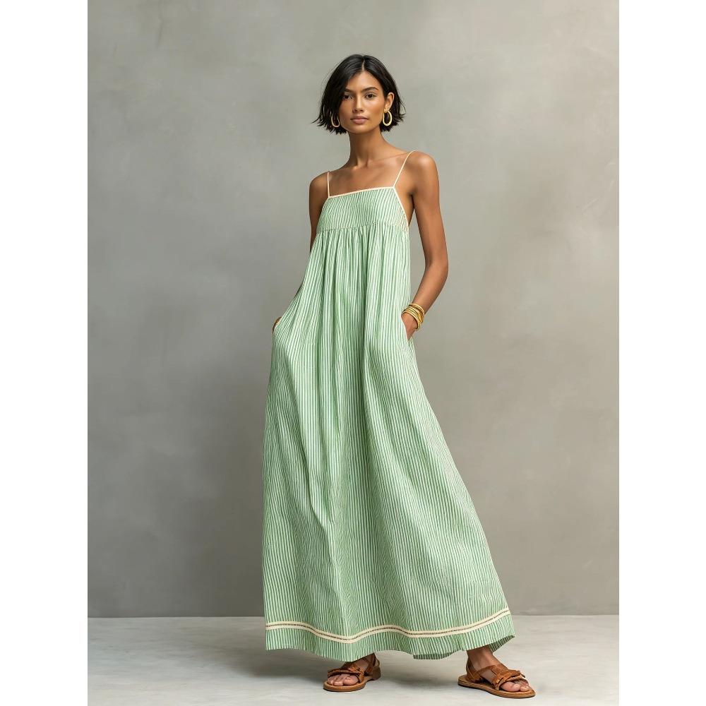 Women's Striped Spaghetti Strap Maxi Dress Loose Casual Sleeveless Long Dress with Pockets