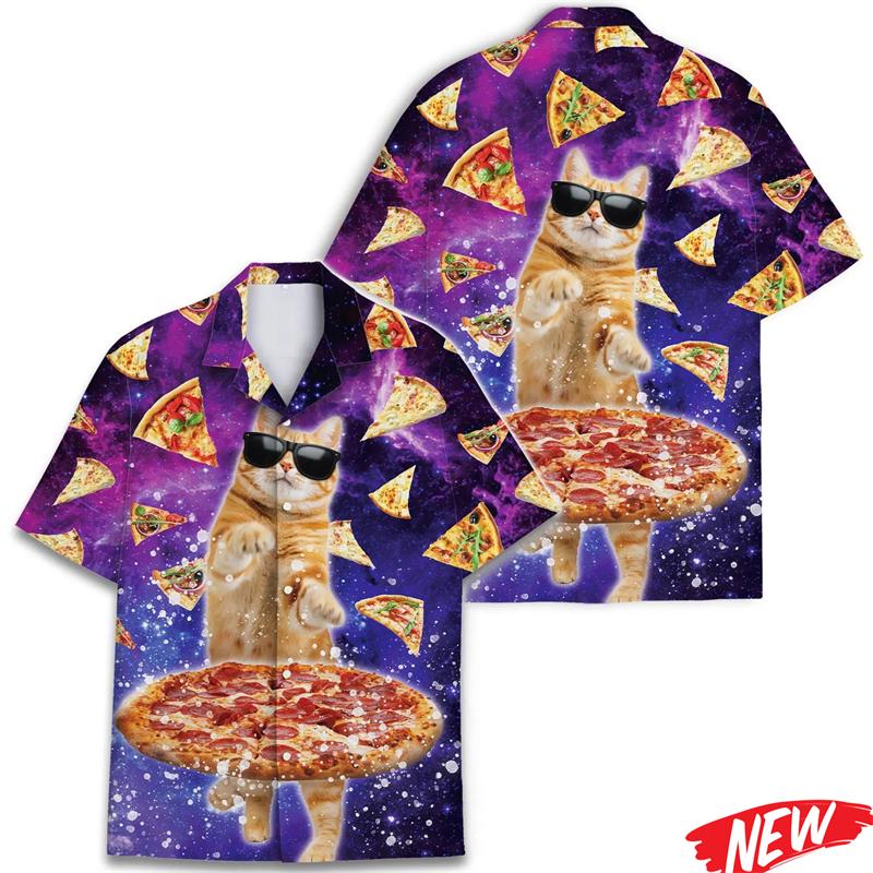 Lustiges Pizza-Katzenmuster Hawaiianisches Hemd für Herren 3D-bedruckte Tierhemden Sommer Strand Lässig Kurzarm Street Reversbluse