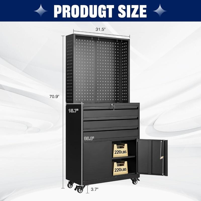 Metal Garage Storage Cabinet with Wheels,3-Drawer Rolling Tool Cabinet with 2 Door and Adjustable Shelves,71" Steel Tool Cabinet
