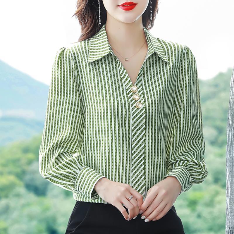 Spring Autumn Elegant Korean Fashion Office Ladies Business Casual Striped Print Shirt Long Sleeve Top Female Blouse