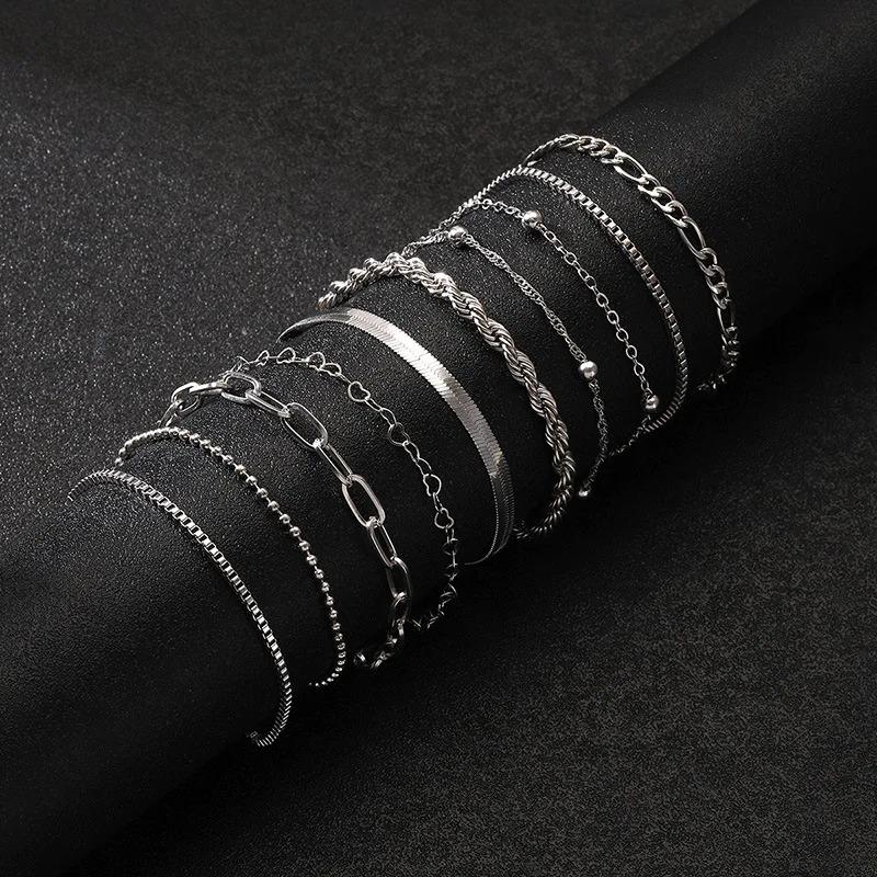 10 Pcs Gold Color Flat Snake Chain Box Chain Bracelet Multi-layer Stackable Metal Bracelet Women's Jewelry Gift Set
