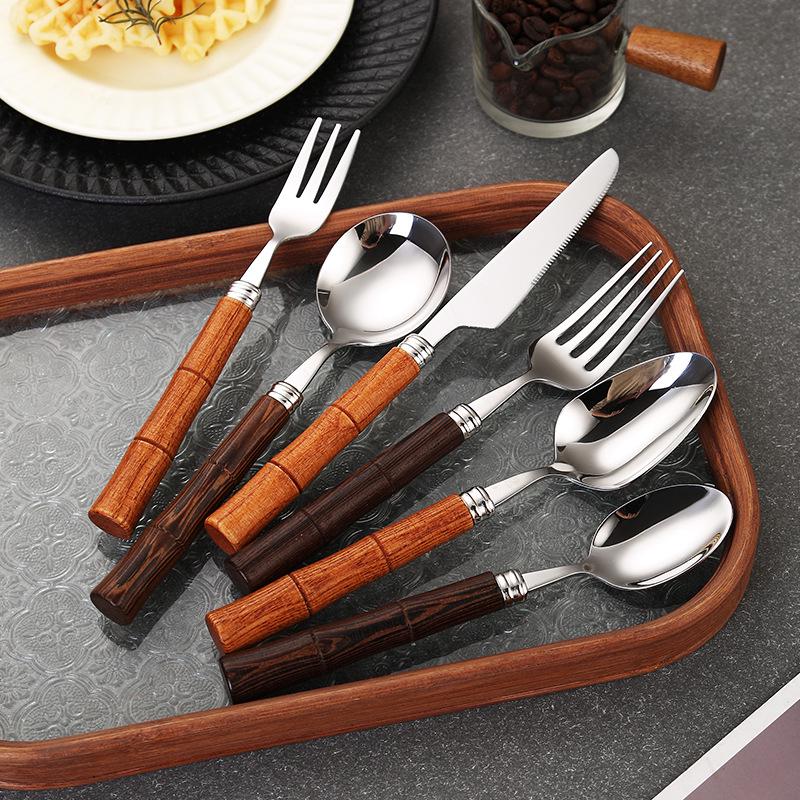 304 Stainless Steel Bamboo Joint Cutlery Set: Wood Handle Knife, Fork & Spoon - Stylish Western Dessert & Fruit Utensils