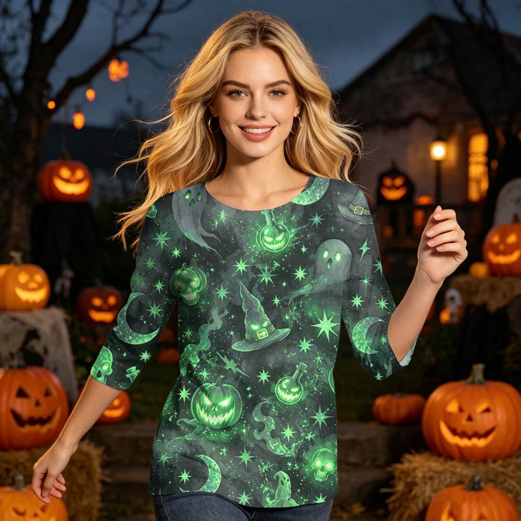 Womens Casual Halloween Print Round Neck Top Three Quarter Sleeve Lightweight Blouse for Seasonal Wear