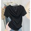 Women Light Gray Cowl Neck T Shirt Ruched Side Short Sleeve Slim Fit Casual Top