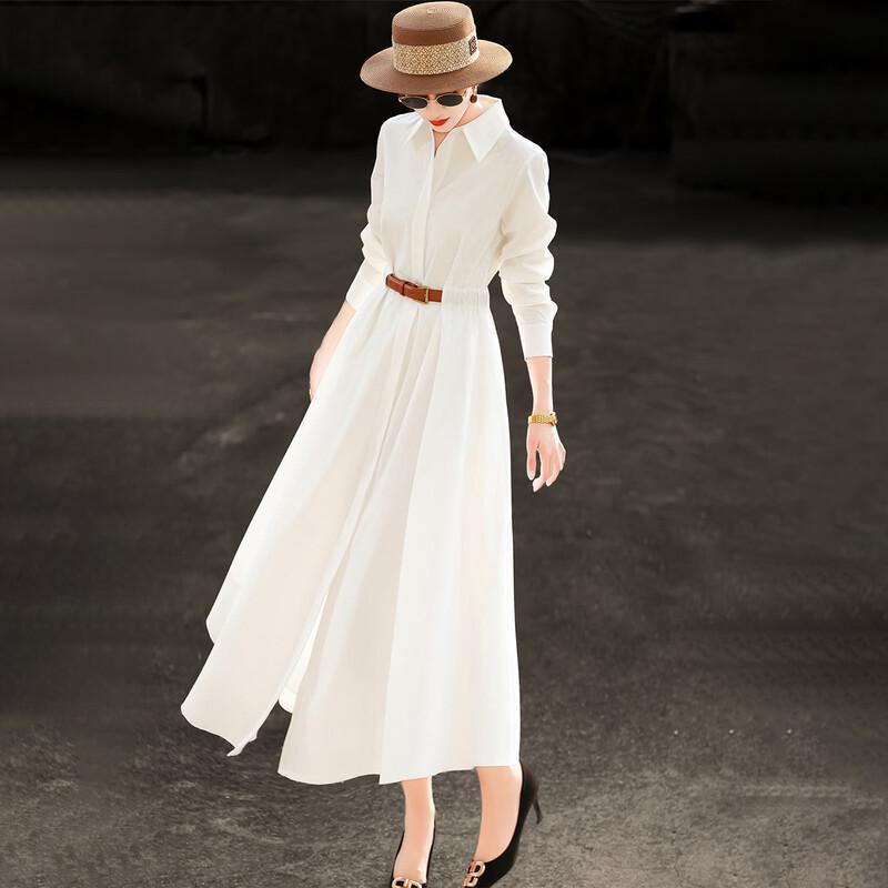 Abito Chemisier Elegante da Donna a Maniche Lunghe Bianco