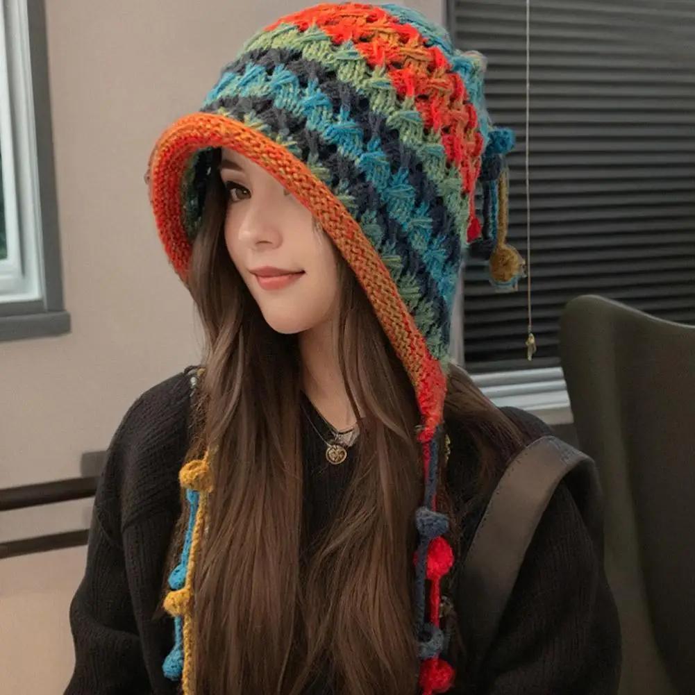 Colorful Rainbow Striped Knit Wool Beanie Hat For Women Winter Warm Crochet Ear Protection Cap Female Girl Snow Windproof Bonnet
