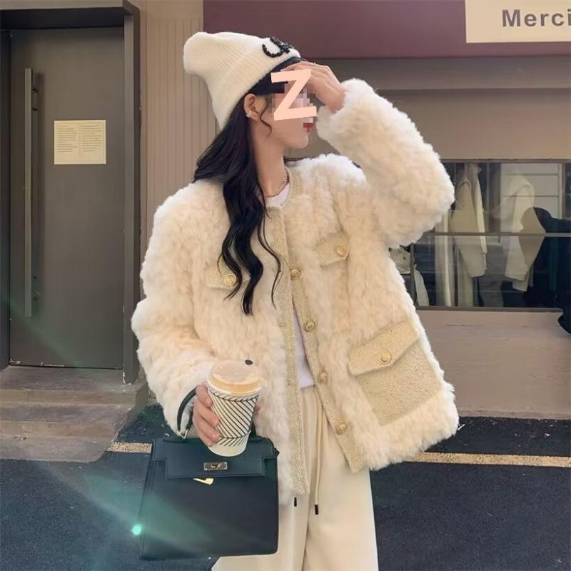 Autumn Winter Loose Casual Patchwork Lamb Fleece Warm Coat Women Quilted Cardigan Jacket Buttons Top