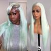 Light Green Long Silky Straight Wig Synthetic Hair White Highlights Lace Front Wigs Heat Resistant Fiber Daily Wear Cosplay