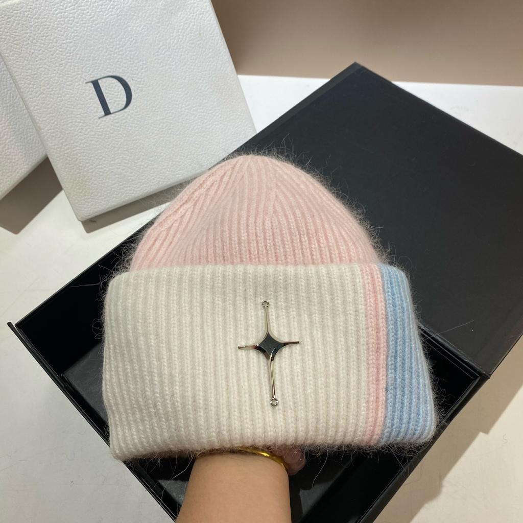 Winter warm double fold rabbit fur knitted hat sweet cross mark contrasting color wool pullover hat large version headgear