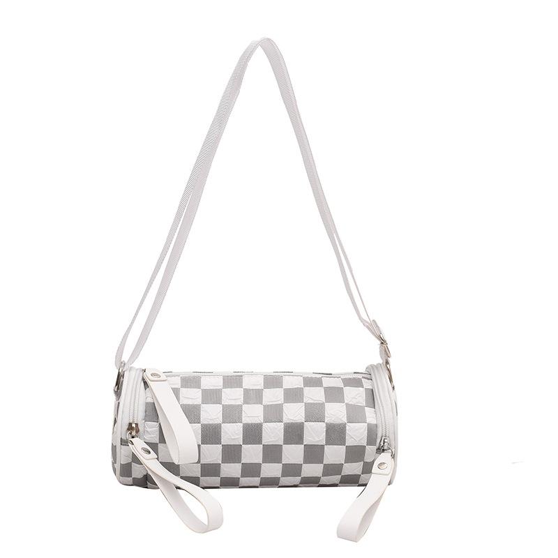 2025 new women's shoulder bag trendy fashion messenger mobile phone bag checkerboard wide shoulder strap cylindrical bag women