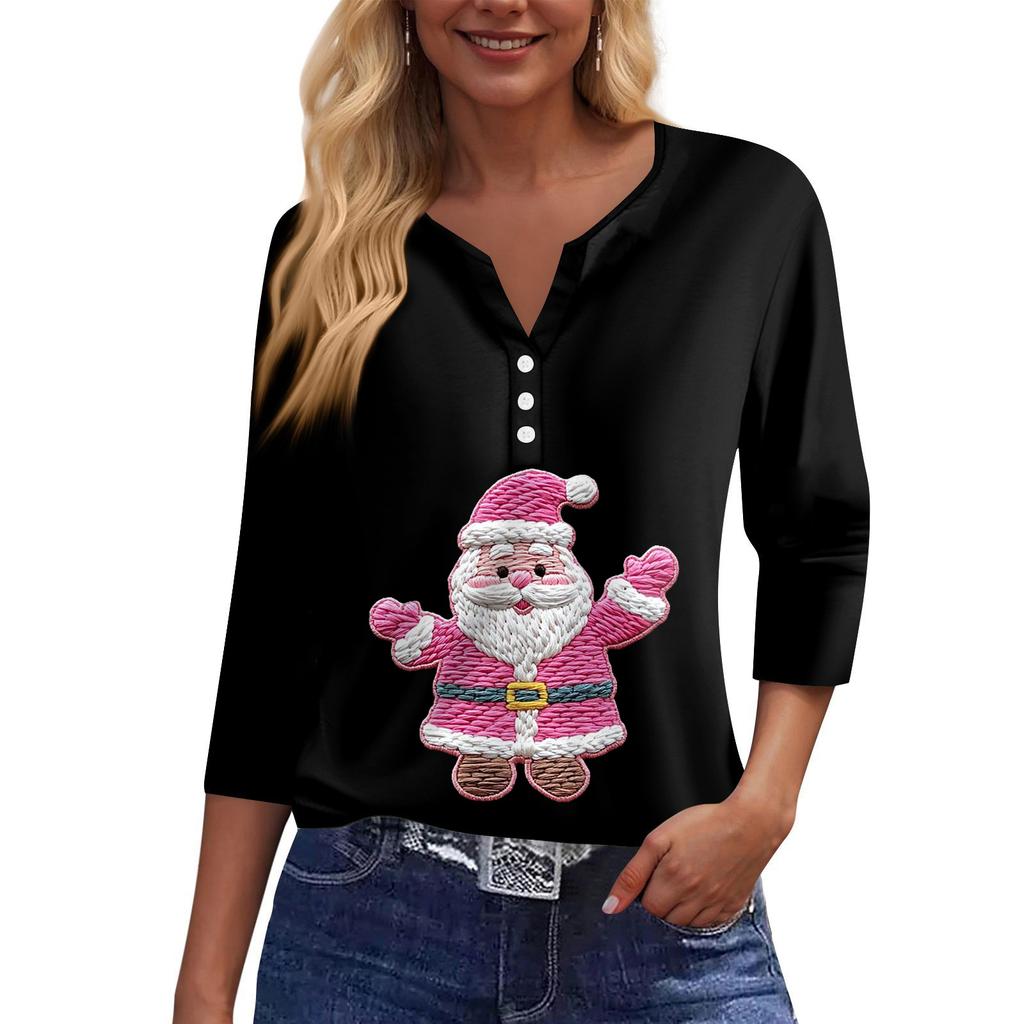 Γυναικείο μπλουζάκι μπλουζάκι με τύπωμα κουμπιού μανίκι 3/4 Καθημερινή μόδα για Σαββατοκύριακο Basic V-λαιμόκοψη κανονικό μπλουζάκι