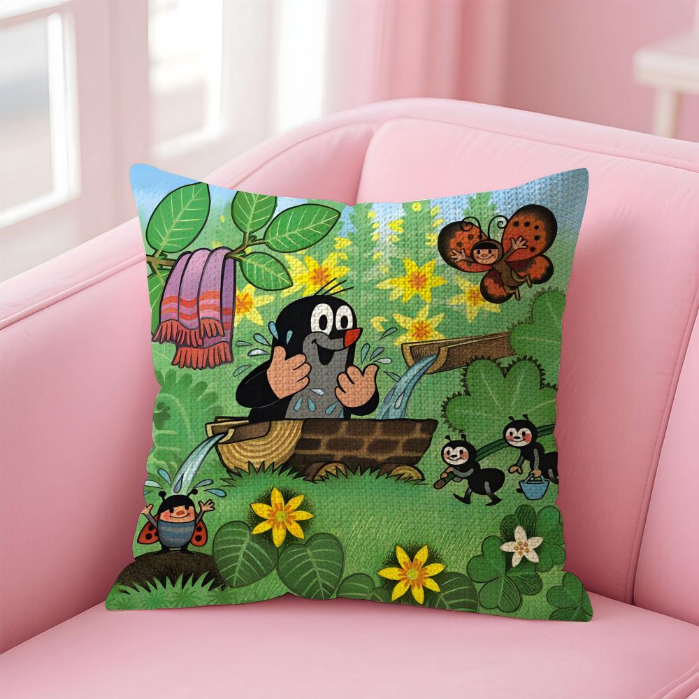 TThe LittleE Mole Cartoon Cushion Cover Natural Linen Pillow Case DoubleSided Print Decorative Sofa Pillowcase Home Decor Gift