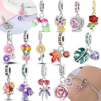 Charms Copper Original Red Roses Sunflowers Heart Pink Flowers Beads Fit Bracelet Women Jewelry Making Diy