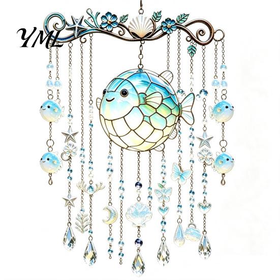 Stained Glass Acrylic Ornament Ocean-Themed Wind Chime Decoration, Animal Hanging Sun Catcher with Faux Crystal Drops, Beach House Wall Ornaments for