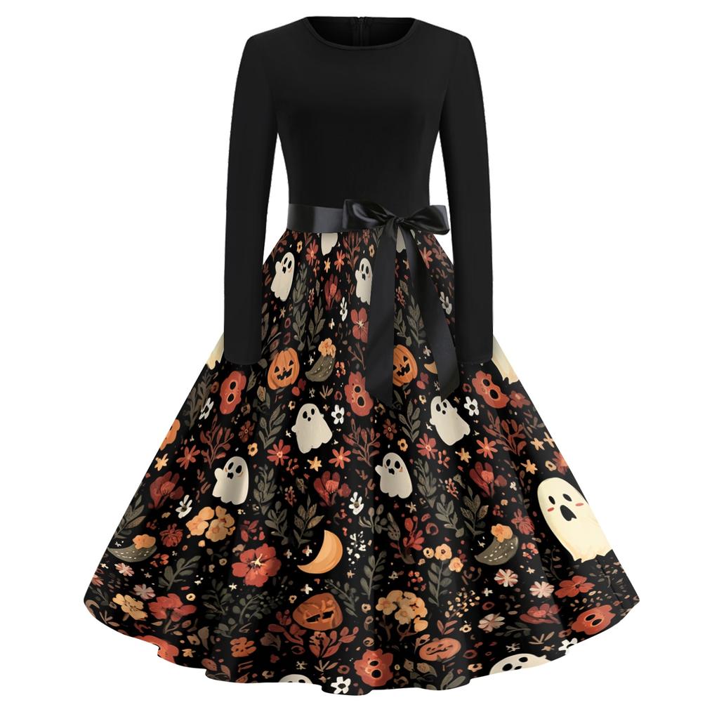 Women Casual Long Sleeve Dress Vintage Round Neck Floral Print Midi Dress with Waist Tie for Halloween Party