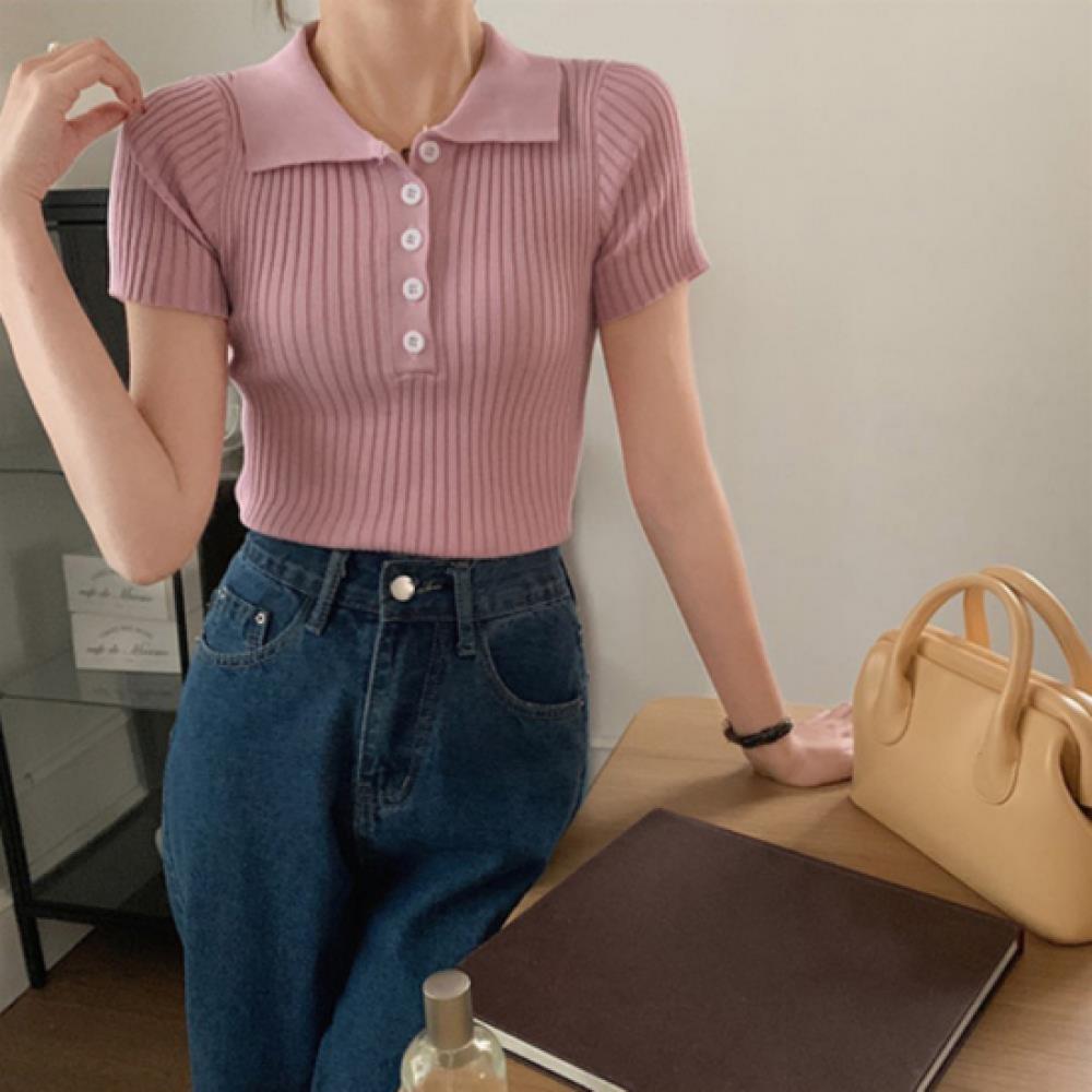 New ArrivalS Open Run Women Multi Color Rib Slim Fit Collar Neck Button Short S