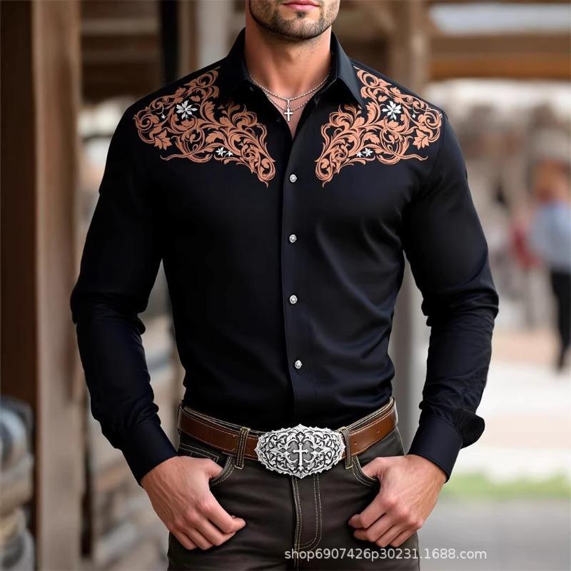 

Мужская черная осенняя вестерн-рубашка с цветочной вышивкой и длинным рукавом M