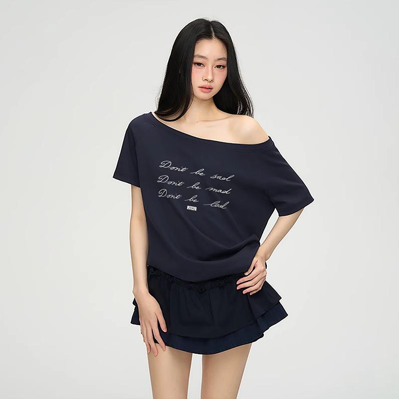 

Женская футболка с коротким рукавом из чистого хлопка с принтом букв, простая, повседневная, стильная, трендовая S темно-синий