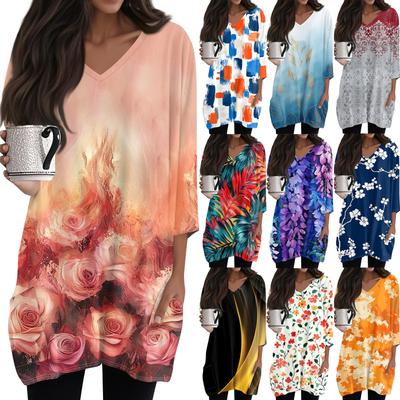 Womens Tops V-neck 3/4 Sleeve Blouses Casual Mid-length Shirts Fashion Print Tunic Tops With Pockets