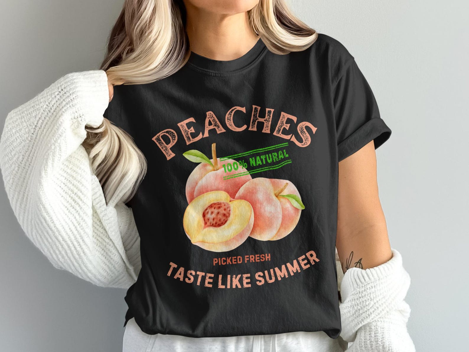 Peach Farmers Market T-Shirt, 100 Percent Natural Tee, Fruit Lover Gift, Fresh Picked Peaches, Watercolor Peaches TShirt 4XL