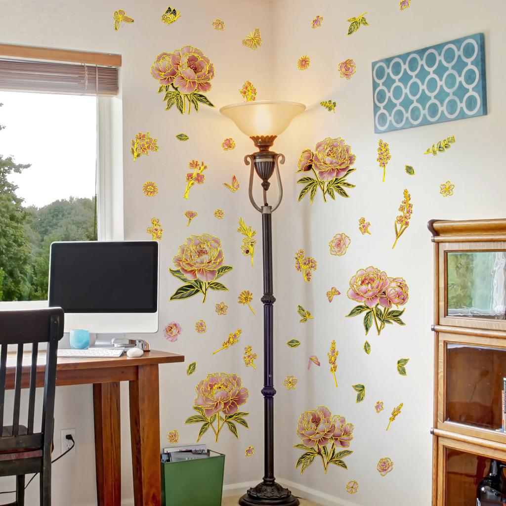 A Variety Of Hand-Painted Creative Flower Vines Butterfly Bronzing Wall Stickers Decorate Living Room Bedroom Background Self-Adhesive Wall Stickers