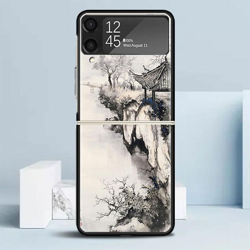 Chinese Style ink Painting Art Black Cover for Samsung Galaxy Z Flip 7 6 5 4 3 5G Phone Case Flip7 Flip6 Flip5 Flip4 Flip3 Patte
