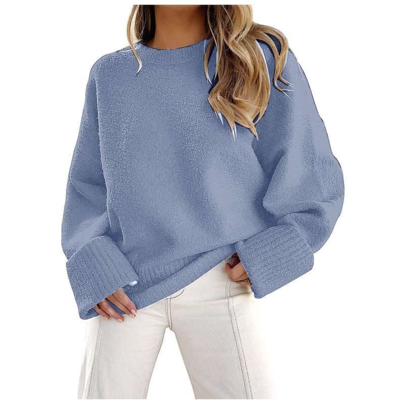 Womens Oversized Crewneck Long Sleeve Fleece Knit Sweater Fall Winter 2026 Soft Warm Casual Streetwear